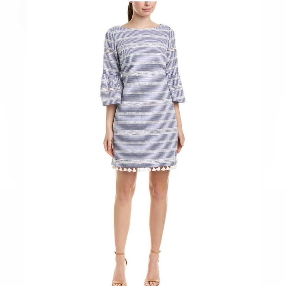 Vince Camuto cotton embroidered blue white stripes tassels flutter sleeves dress